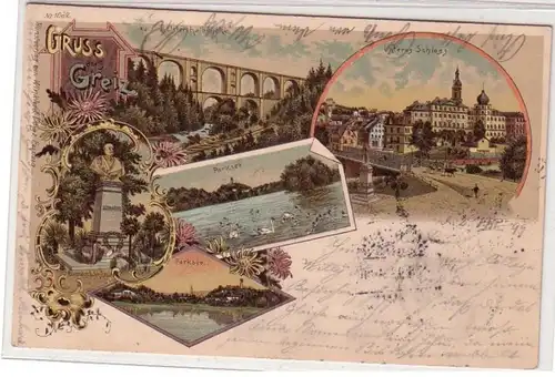 51190 Ak Lithografie Gruss aus Greiz Elsterthalbrücke, Unteres Schloss usw. 1899