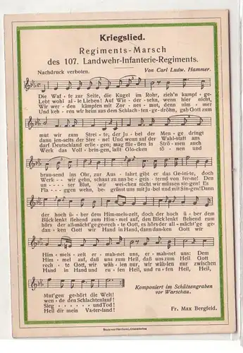 51101 Chanson Ak Régiments-Mars de 107e Landwehr Infanterie Régimement