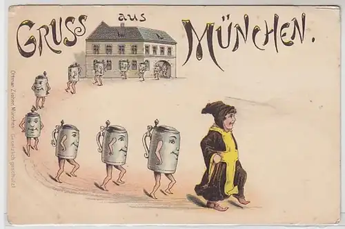 50921 Humor Ak Lithographie Gruß aus München Kindl und Maßkrüge um 1900