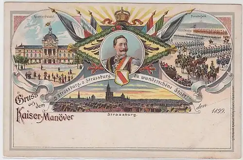 50897 Ak Lithographie Salutation de l'empereur Manœuvre de Strasbourg 1899