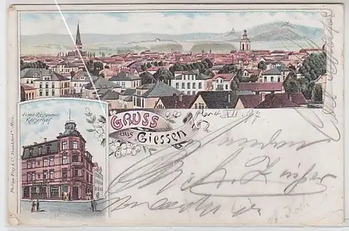 50852 Ak Lithographie Gruß aus Giessen Hotel Restaurant Kaiserhof 1898