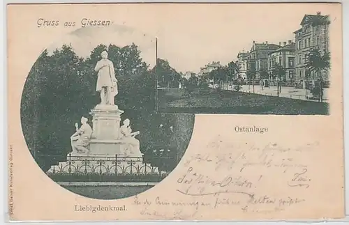 50832 Ak Gruß aus Giessen Ostanlage, Liebigdenkmal 1900