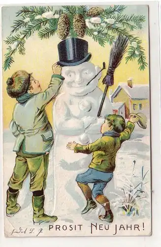 50768 Nouvel An Près Ak 2 Enfants construire Neigemann 1908