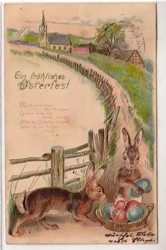 50765 Fröhliche Ostern Präge Ak 2 Hasen mit Korb voll Ostereier 1906