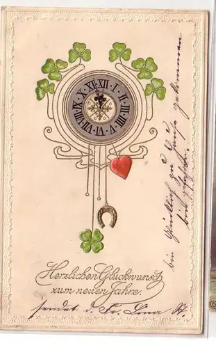 50756 Neujahrs Präge Ak Uhr mit Glücksymbolen 1904
