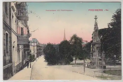 50730 Ak Freiberg Hornstrasse mit Hornbrunnen 1908