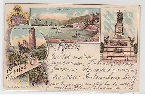 50634 Ak Lithographie Salutation du Rhin chez Rüdesheim 1900