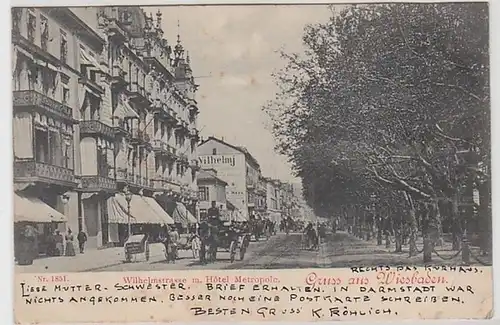 50622 Ak Salutation de Wiesbaden Wilhelmstraße avec Hotel Metropole 1899