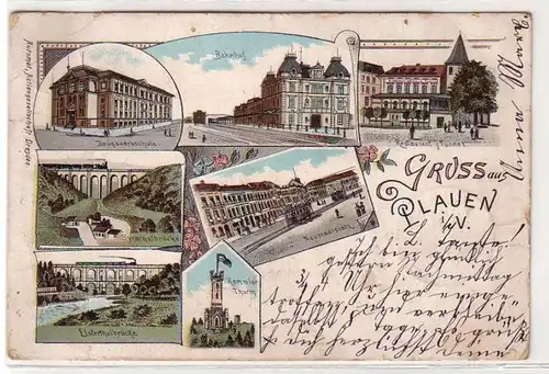 50470 Ak Lithographie Gruß aus Plauen Bahnhof usw. 1899