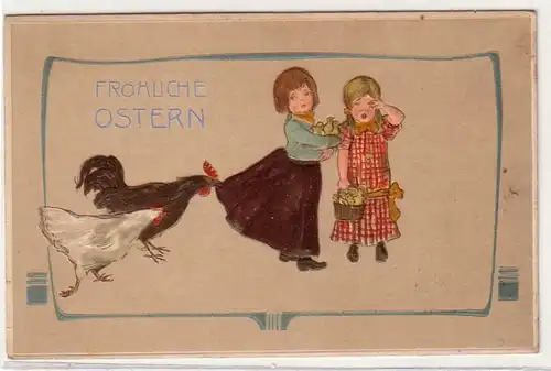 50453 Oster Präge Ak Kinder mit Küken von Hahn festgehalten um 1900