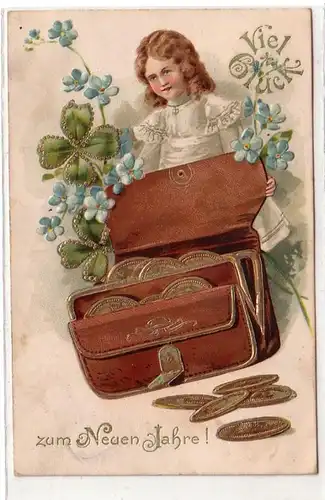 50426 Neujahrs Präge Ak Kind mit Geldbörse und Münzen 1906