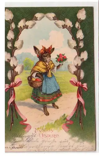 50425 Fröhliche Ostern Präge Ak Osterhäsin im Kostüm 1906