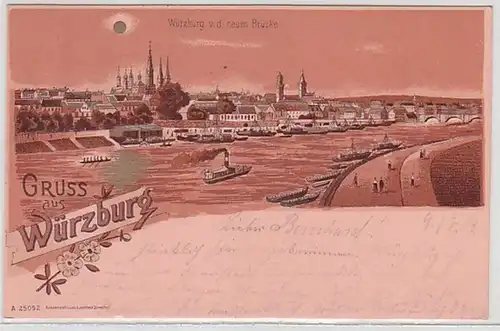 50412 Mondscheinkarte Gruß aus Würzburg Totalansicht 1903
