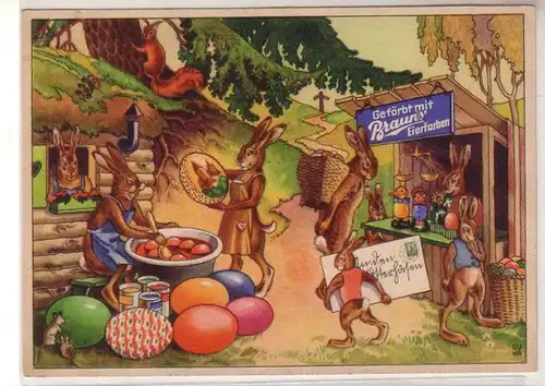 50234 Publicité Carte Eviers de Pâques colorés avec des couleurs brunes aux œufs vers 1940