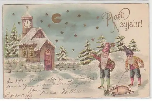50184 Neujahrs Präge Ak 2 Zwerge mit Glücksschwein 1901