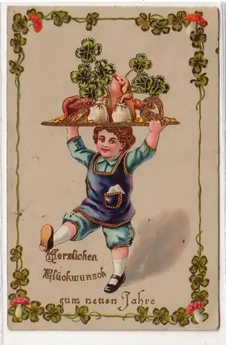 50160 Neujahrs Ak Kind balanciert Tablett auf dem Kopf 1914