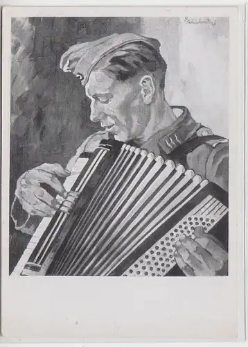 49779 Kunst Ak Soldat mit Zieharmonika 1942