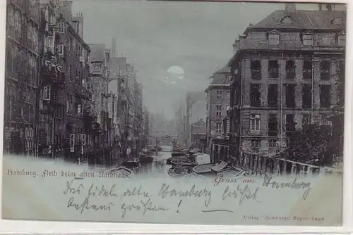 49662 Mondscheinkarte Gruß aus Hamburg Fleth beim alten Rathaus um 1900