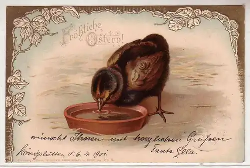 49374 Oster Präge Ak Küken mit Wasserschale 1901