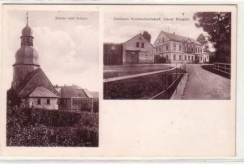 49173 Ak Gasthaus Niederalbertsdorf Kirche Schule um 1920