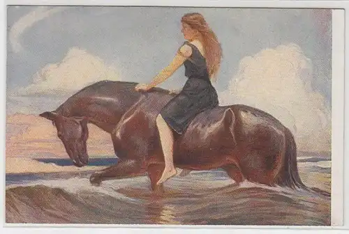 48403 Kunst Ak Frau mit Pferd am Meer um 1920