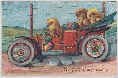 48397 Herzliche Ostergrüße Ak Küken im Auto 1917