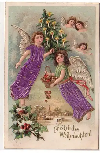 48345 Fröhliche Weihnachten Präge Ak Engel mit Weihnachtsbaum 1907