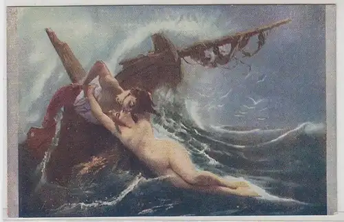 48334 Art érotique Ak "Le baiser de la vague" vers 1910