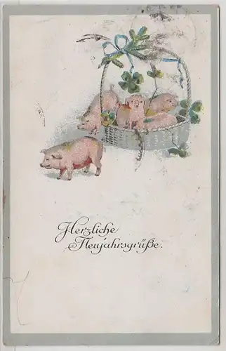 47704 Neujahrs Ak Glücksschweine im Körbchen 1921