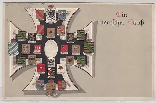 47703 Ak Ein deutscher Gruß - Eisernes Kreuz mit Wappen 1916