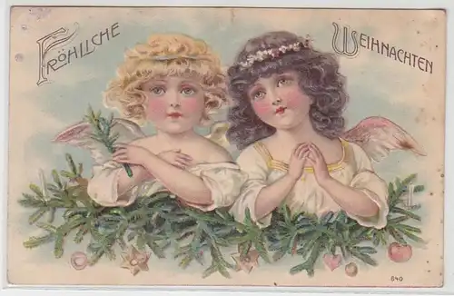 47407 Fröhliche Weihnachten Präge Ak mit 2 Engeln 1910