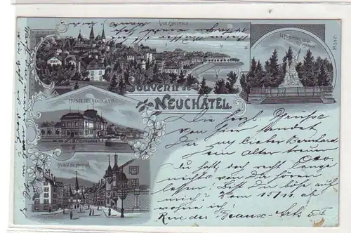 Carte de clair de lune Souvenir de Neuchâtel 1901