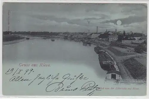 47142 Mondscheinkarte Gruß aus Riesa Elbansicht 1899