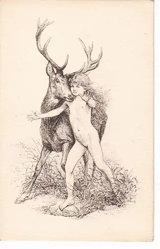 47097 Artiste Ak Hirsch avec fille nue vers 1920