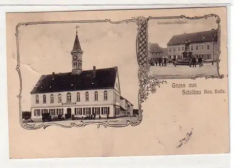 46877 Mehrbild Ak Gruß aus Schildau Ratskeller und Gneisenau Denkmal 1906