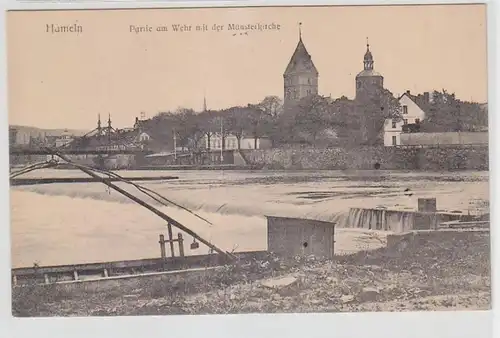 46830 Ak Hameln Partie am Wehr mit der Münsterkirche 1906