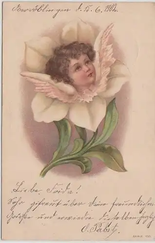 46574 Art Ak Fleur avec visage d'enfant 1902