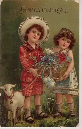 46331 Frohes Osterfest Präge Ak 2 Kinder mit Blütenkorb und Lamm 1911