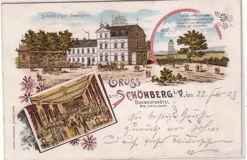 46182 Ak Lithographie Gruß aus Schönberg i.V. Hotel 1903