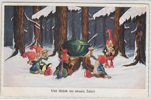 45852 Neujahrs Ak Zwerge zechen im Wald 1928