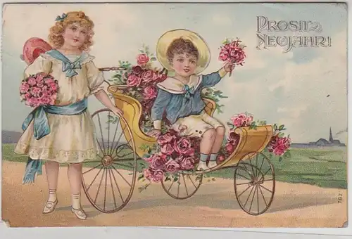 45840 Ak Nouvel An Enfants avec des fleurs et tricycle 1907