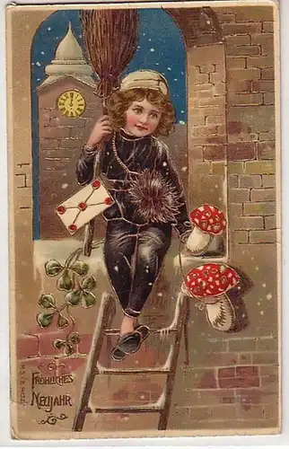 45839 Neujahrs Ak Mädchen als Schornsteinfeger 1910