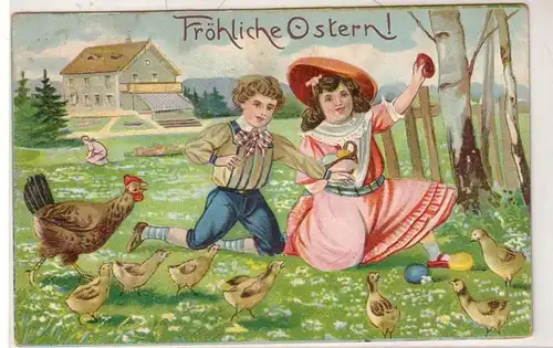 45733 Präge Oster Ak Kinder mit Küken und Huhn 1911