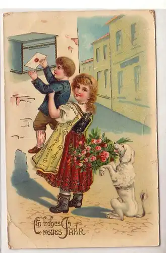 45730 Nouvel An Ak 2 Enfants et chiens à la boîte aux lettres 1908
