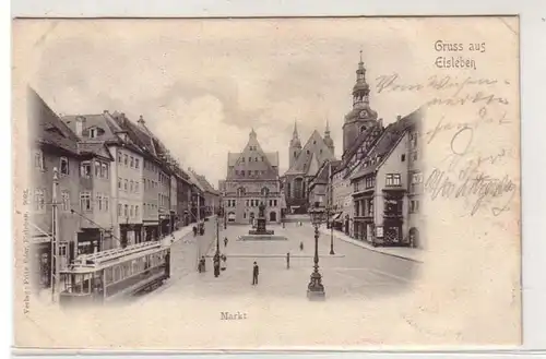45695 Ak Gruß aus Eisleben Markt mit Strassenbahn 1902