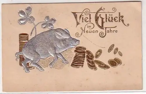 45427 Neujahrs Präge Ak Wildschwein mit Münzen um 1905