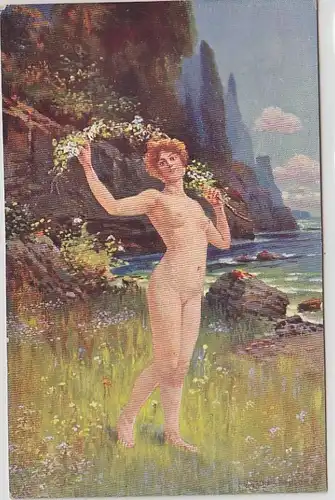44893 Erotik Ak nackte Dame mit Zweig um 1910