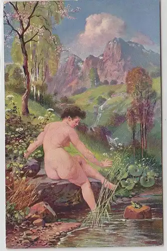 44890 Erotik Ak nackte Dame am Teich um 1910