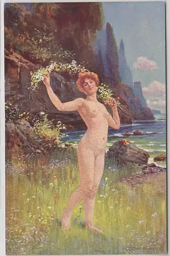 44889 Erotik Ak nackte Dame mit Zweig um 1910