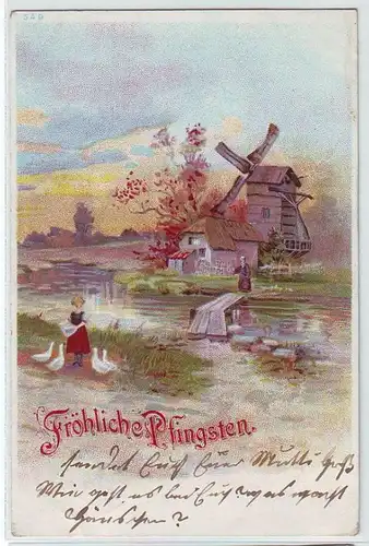 44834 Pentecôte Ak avec beau moulin à vent Windmill 1905